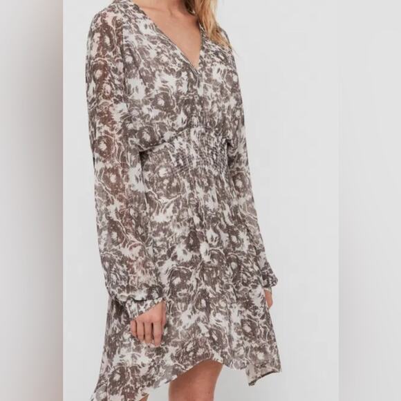 All saints Nicholas Rosa gray shear long sleeve smocked waist dress with pockets - Picture 13 of 13